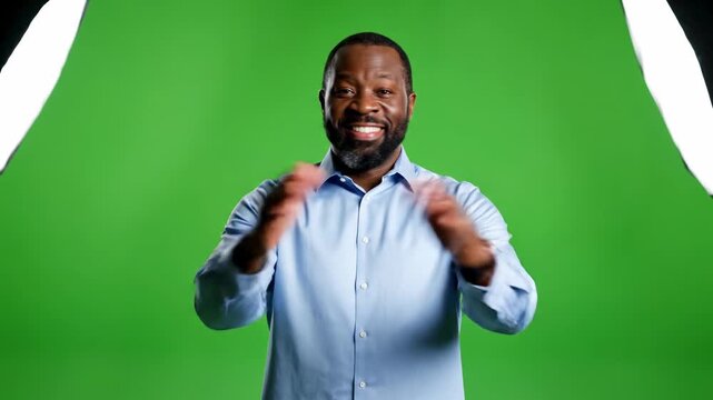 Man in light blue shirt gesturing with excitement on a green screen background with v shapes