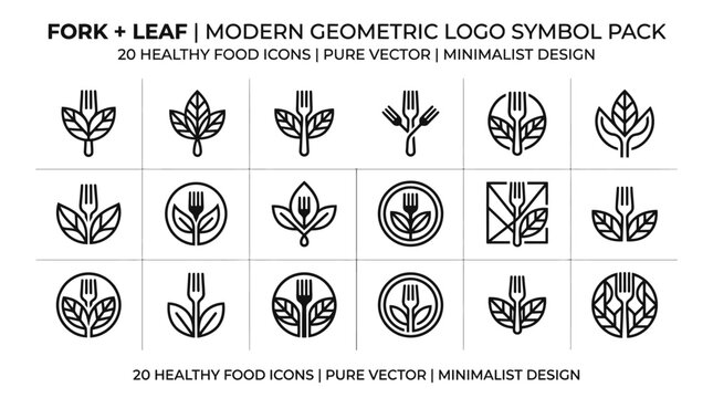 Minimalist fork and leaf icon set for vegetarian and vegan branding representing healthy organic food and sustainable dining lifestyle