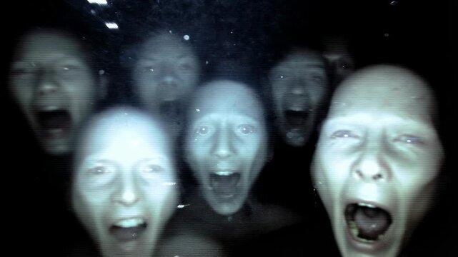 Disturbing close-ups of screaming faces in a dark, grainy horror aesthetic. Distorted terrified faces with mouths agape appear in an eerie vintage visual style