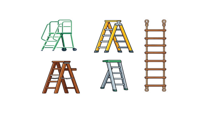 Assorted Ladders And Step Stool Illustration With Wooden And Metallic Finishes On White Background ladder extension folding aluminum