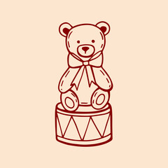Obraz premium Cozy Christmas whimsical vintage doodle illustration of nutcracker toy bear with drum and bow in sketch style. Quirky hand drawn illustrations. Linear style. Cute coquette vector red design of bear