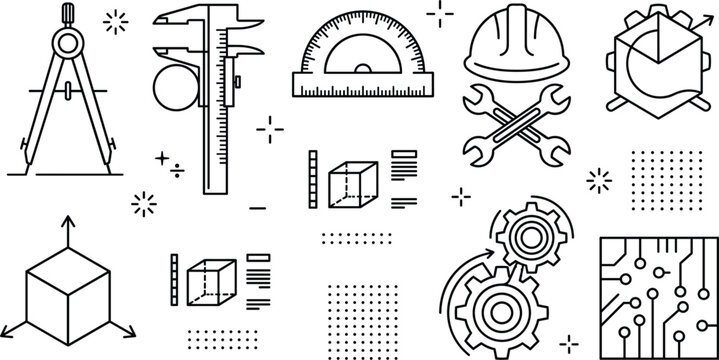 Engineering and technical drawing line icon set featuring caliper protractor compass gears helmet circuit and geometric design elements