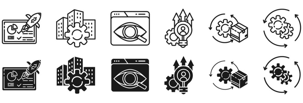 Startup development icon set. Research and innovation symbol