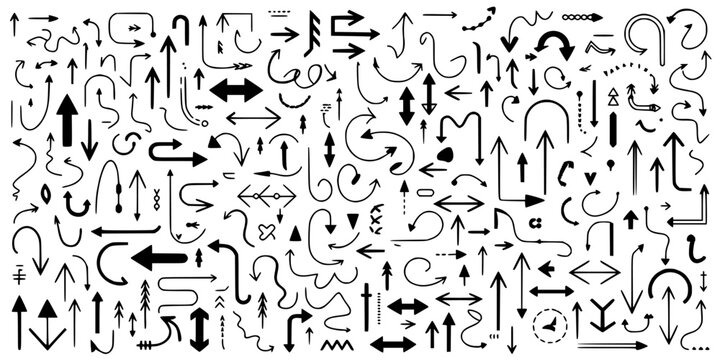 Arrows and Symbols Graphic Elements Set with Various Direction Icons, Patterns, and Motion Cues in Black on White Background