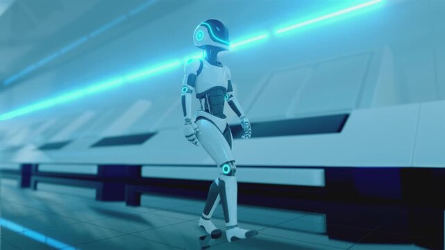 Seamless 3d animation loop of an artificial intelligence android character moving forward in a sci-fi cyber space background. Futuristic humanoid robot walking through a high-tech spaceship corridor.