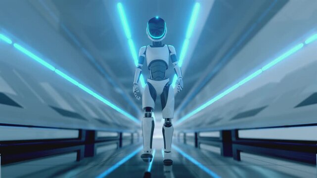 Seamless 3d animation loop of an artificial intelligence android character moving forward in a sci-fi cyber space background. Futuristic humanoid robot walking through a high-tech spaceship corridor.