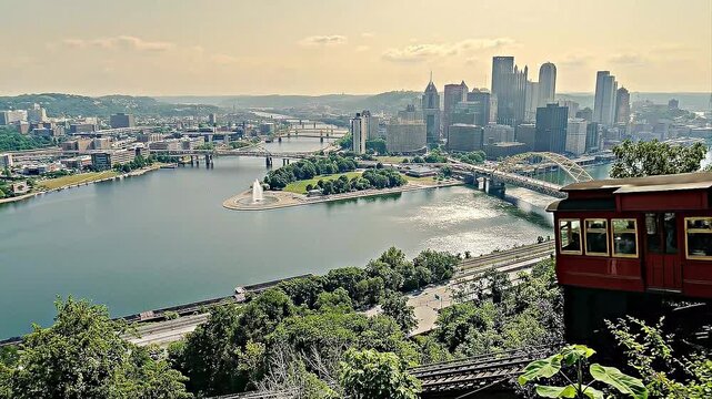 Duquesne incline funicular car descending with pittsburgh city skyline panorama in background.