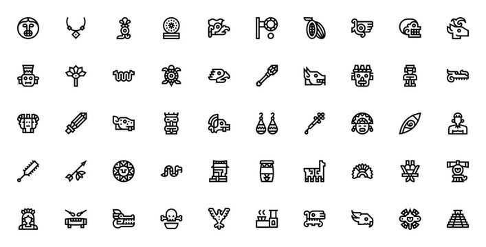 Aztec icon set. Minimal thin line icons pack. Vector illustration. Aztec culture icon set. Featuring Xipe Totec, Quetzalcoatl, Aztec calendar, mask, sacrifice, serpent, drum, and more.