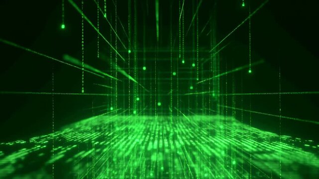 Green digital code streams falling on dark background