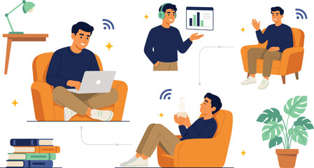 Fototapeta premium Young Man Freelancing and Working Remotely Vector Character Set Featuring Online Meetings Data Analysis Video Calls and Comfortable Home Office Scenes