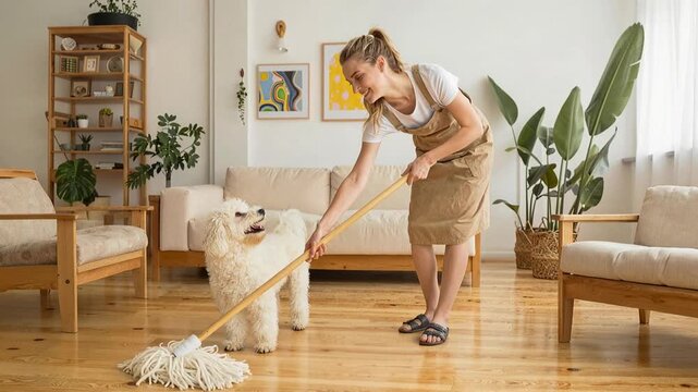 Woman cleaning wooden floor with mop while her dog watches. A woman in an apron mops a shiny wooden floor in a bright, modern living room
