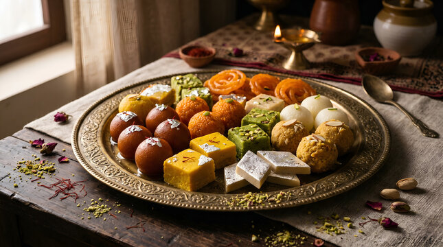 Assorted Indian sweets platter with gulab jamun, kaju katli, laddu, and jalebi on a traditional brass plate