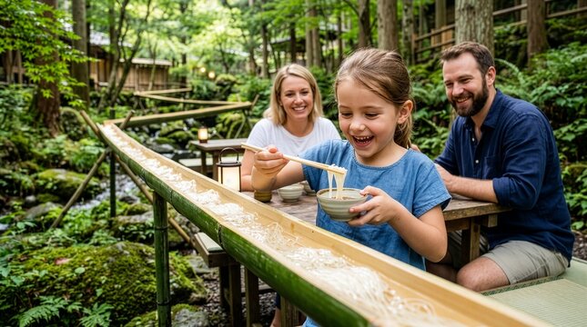 In a lush summer forest, a young Caucasian girl struggles with chopsticks to grab traditional Japanese somen noodles. Her parents watch with smiles