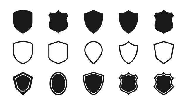 Collection of various shield icons in black and white