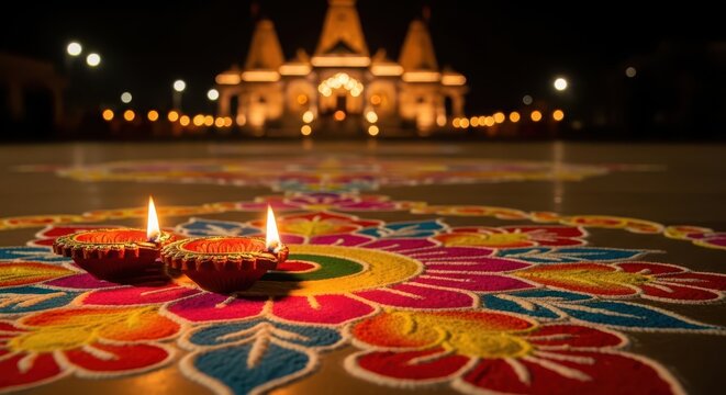 Lit clay oil lamps on colorful rangoli pattern for Diwali festival night