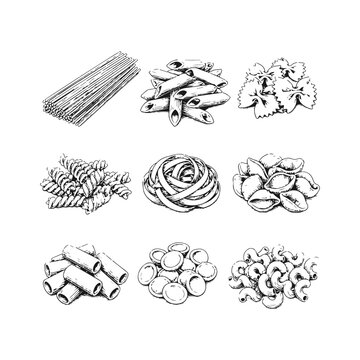 Simple hand drawn various italian pasta sketch clip art, engraved traditional food illustration set