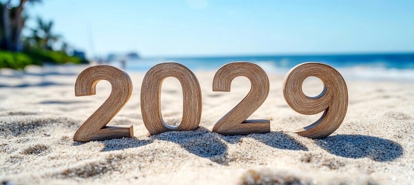 Wooden 2029 Numerals Sitting on Sunlit Sandy Beach during Sunny Day for New Year Concept Background.