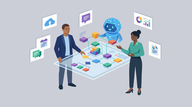 Business Professionals Using AI-Powered Interface with 3D Data Charts and Analytics
