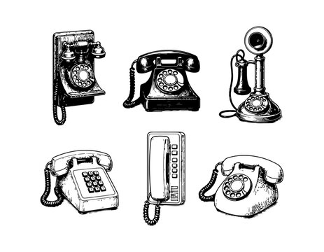 Simple hand drawn retro wired telephone sketch set, engraved vintage office rotary phone illustration clip art