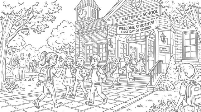 children walking to school on the first day with backpacks and a welcome banner