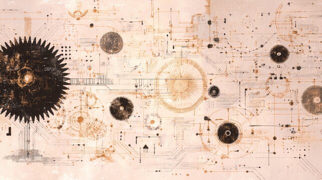Dense steampunk gears wheels and circuit lines etching style abs