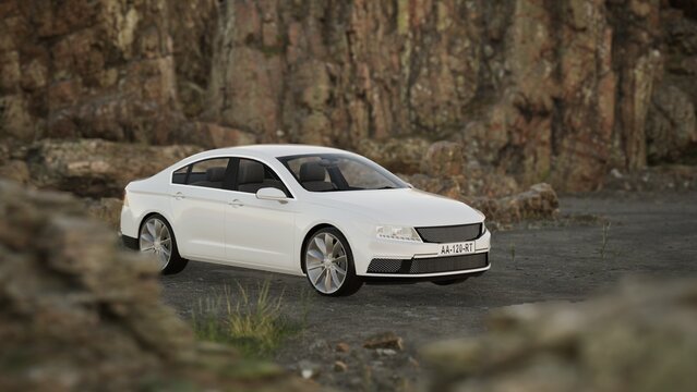 "White luxury sedan car 3D CGI renders from multiple angles on Iceland-style mountain roads, pine forest, rocky cliffs and foggy misty landscapes in cinematic lighting."