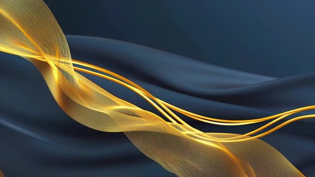 Elegant golden ribbons and mesh waves flowing over deep navy fabric-like background with smooth curves and metallic sheen minimalistic composition luxury abstract concept