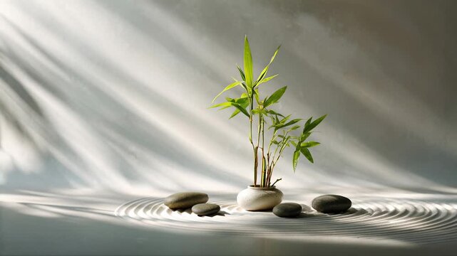 Serene Zen Garden with Bamboo and Raked Sand Patterns
