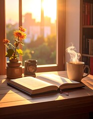 Cozy morning reading nook with coffee.