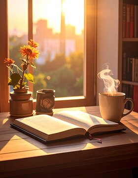 Cozy morning reading nook with coffee.