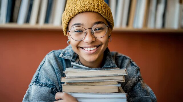 Young woman with glasses and beanie holding stack of books in library