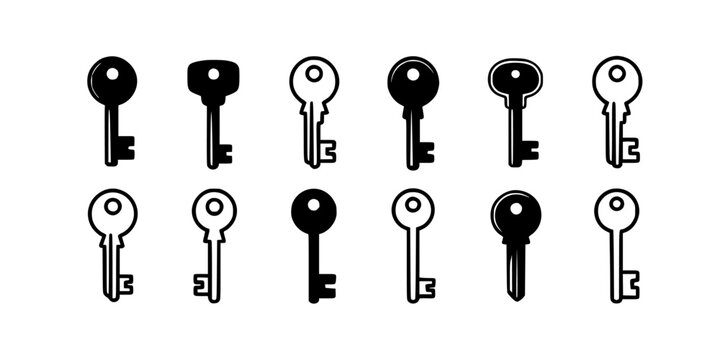 Keys in Black and White with Various Designs and Shapes Featuring Security, Locks, Keyhole with Key Ring and Key Illustration Elements for Key
