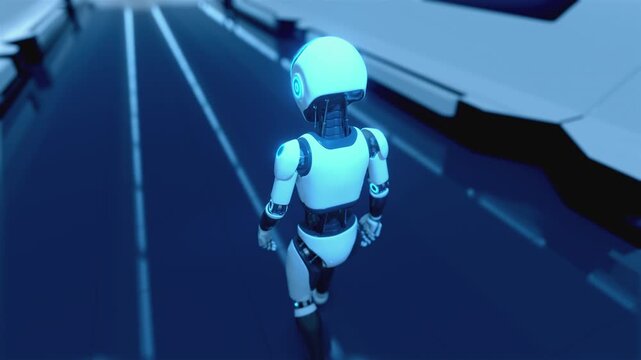 Seamless 3d animation loop of an artificial intelligence android character moving forward in a sci-fi cyber space background. Futuristic humanoid robot walking through a high-tech spaceship corridor.