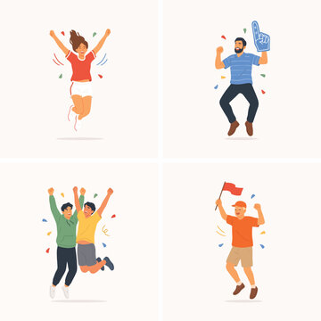Four cartoon characters in athletic poses, wearing sportswear, isolated on white background, athlete running