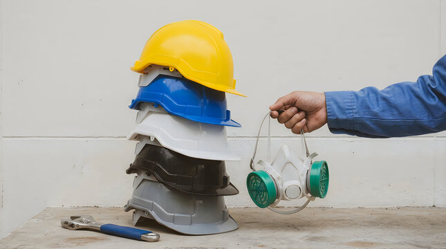 Stack of multi-colored hard hats and a hand holding a respirator, with a wrench on the ground, representing worker safety and personal protective equipment.