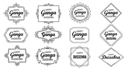 Fototapeta premium Set of decorative frames with Happy Ganga Dussehra festival text labels