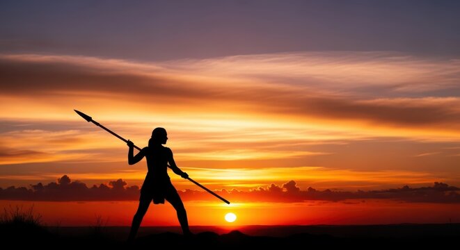 Silhouette of a female warrior holding a spear during a beautiful orange sunset