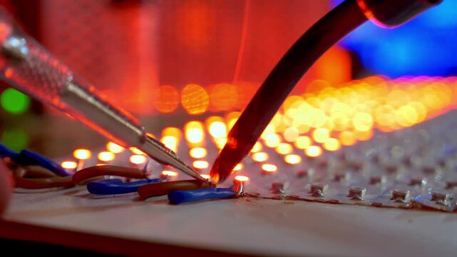 Male Electronics Technician Soldering Internal Wires of Hardware Device. Young Man Specialist Assembles Led Microcircuit Component inside Workshop Lab. Advanced Tech Maintenance Industry 4k