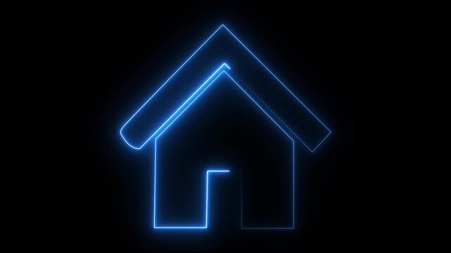 Home button icon animation by neon on black background. Neon home button icon animation, shiny symbol. on transparent background.