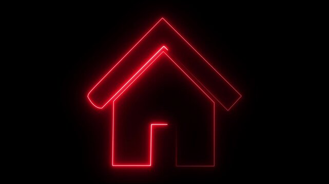 Home button icon animation by neon on black background. Neon home button icon animation, shiny symbol. on transparent background.