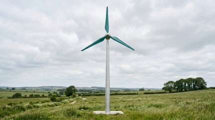 Fototapeta premium Minimalist wind turbine standing in open grassy field under cloudy sky