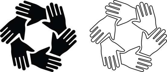 Fototapeta premium Community Support Unity Hands Icons Set Collection Group, Teamwork Cooperation Collaboration Partnership Symbols Bundle, Black Flat and Line Style Vector Pack, Volunteer Network Design