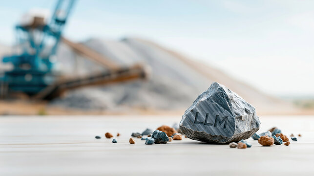 Rock engraved with letters LLM resting gravel and industrial excavation machinery background