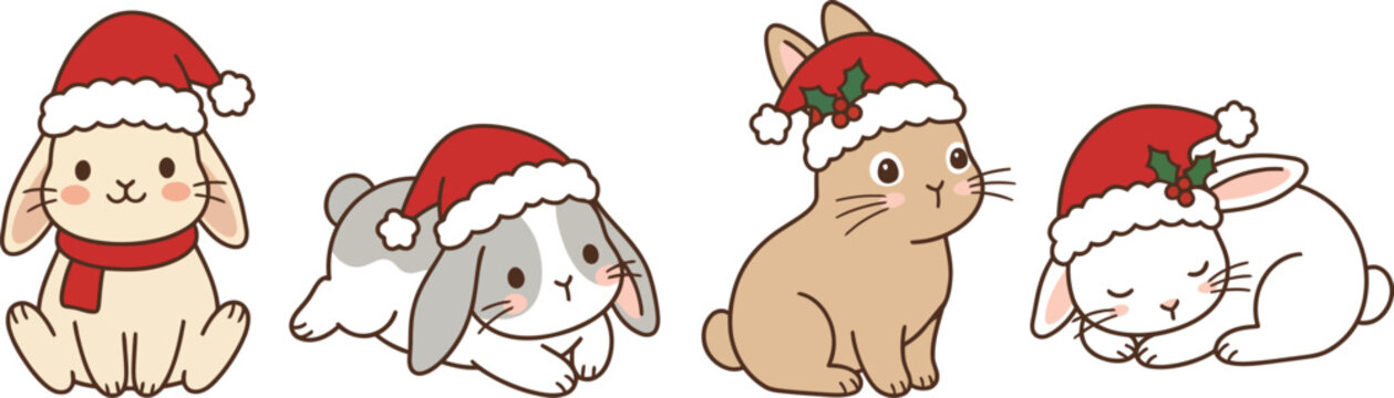 Cute cartoon rabbits wearing santa hats on white background for christmas