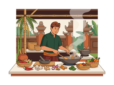 Balinese male chef in traditional udeng and sarong cooking authentic Indonesian cuisine in an outdoor kitchen with wok, spices, mortar, pestle, and Balinese temple background.