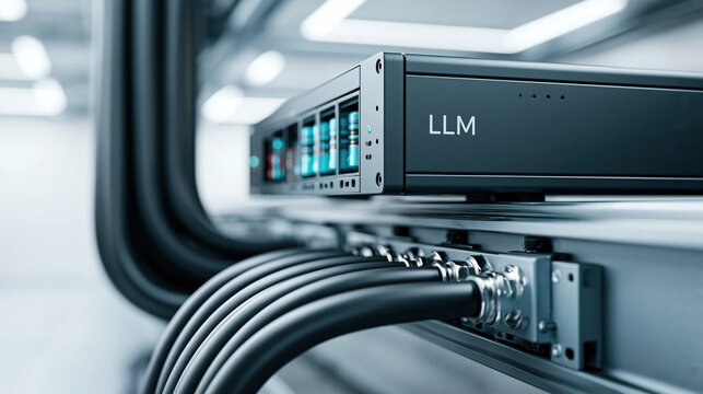High performance server rack with fiber cables and glowing indicators, modern data center