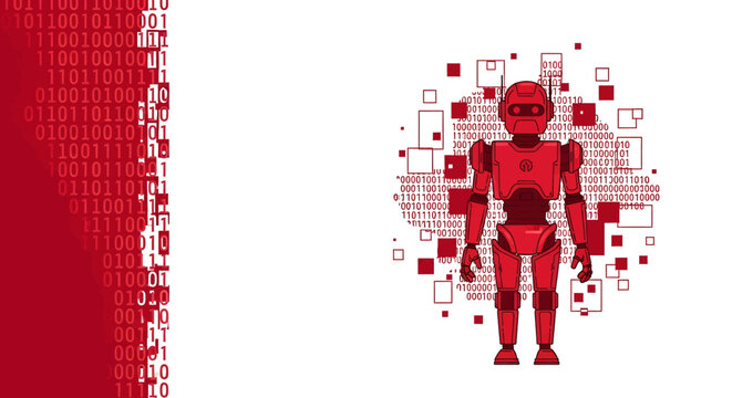 Red robot with binary code and data elements on a white background, representing artificial intelligence and technology.