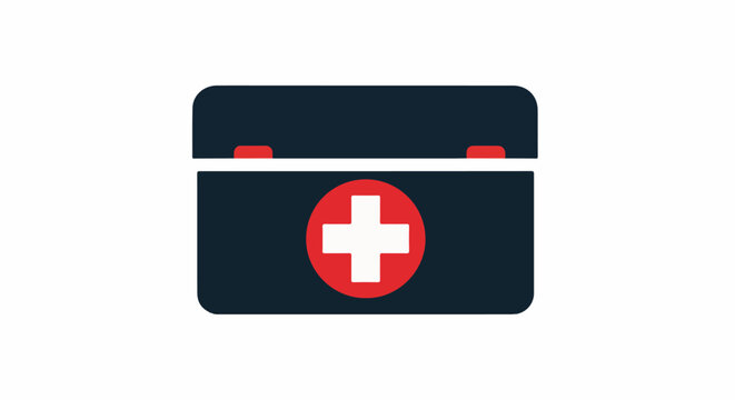 A dark blue medical kit with a red circle and white cross emblem