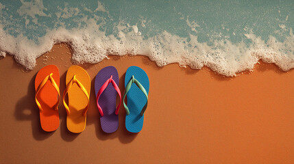 Naklejka premium colorful flip flops on sandy beach with sea wave, summer vacation, tropical travel and seaside holiday concept