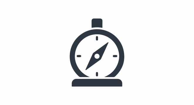 A simple, dark blue icon of a compass on a white background